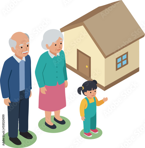Grandparents with granddaughter standing near house symbolizing family home and generational connection in vector style