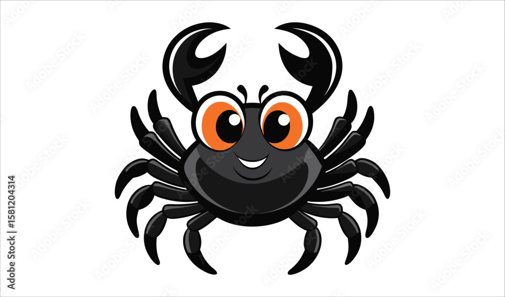 Fototapeta premium Cute cartoon black crab with big orange eyes and a happy smile