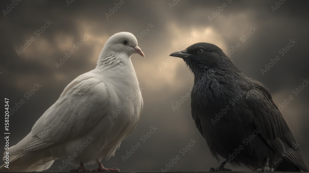 Fototapeta premium A black starling and a white pigeon stand face to face against a moody, cloudy sky, creating a striking contrast. This moment captures the beauty of nature and wildlife interaction.