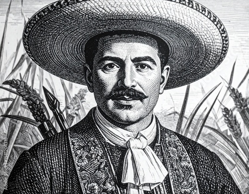 Emiliano Zapata Portrait: A striking monochrome portrait of Emiliano Zapata, a prominent figure in Mexican history, depicted in traditional attire, showcasing his resolute gaze and iconic mustache.