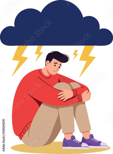 Young man feeling sad and worried under dark storm cloud with lightning bolts vector illustration
