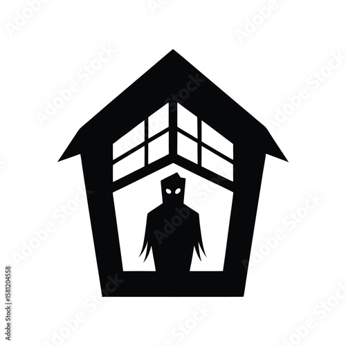 Haunted attic window with eerie glow Halloween silhouette Vector illustration