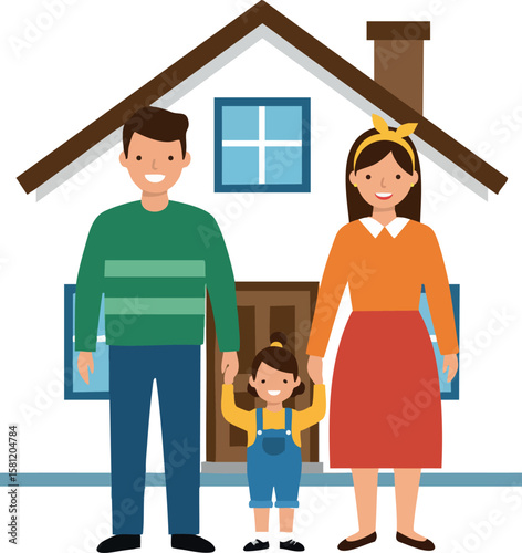 Happy family with parents and child standing in front of house holding hands vector illustration