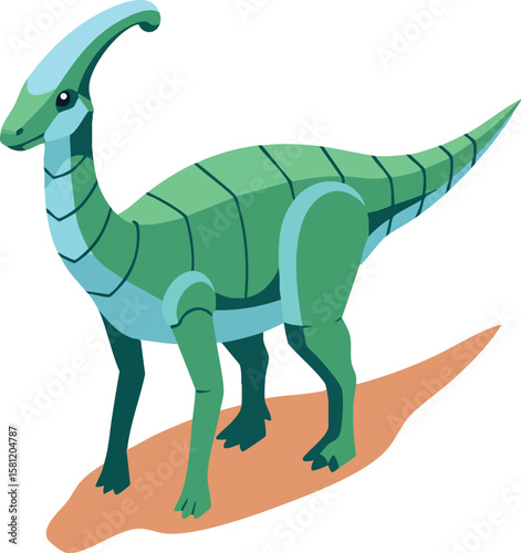 Parasaurolophus dinosaur vector in green shades standing on earth surface illustration for prehistoric animal collection