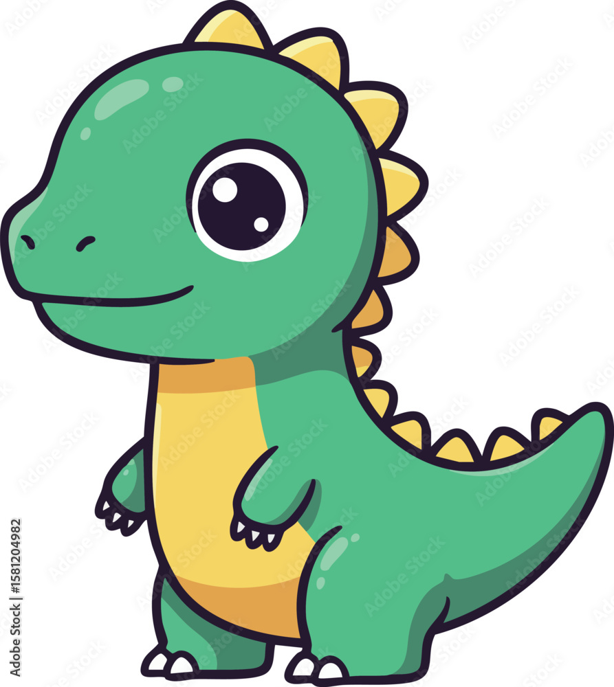 Obraz premium Cute green dinosaur cartoon character with yellow belly and spikes playful vector design for kids and children