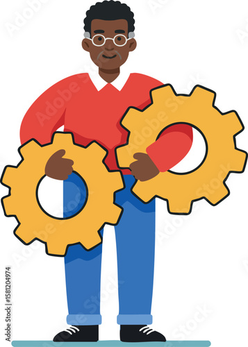 Man holding two yellow gears symbolizing teamwork and engineering concepts in casual clothing vector illustration
