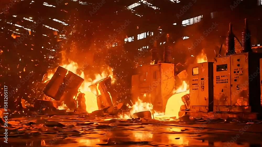 Intense Industrial Fire Disaster with Molten Metal Spilling and Sparks in Factory