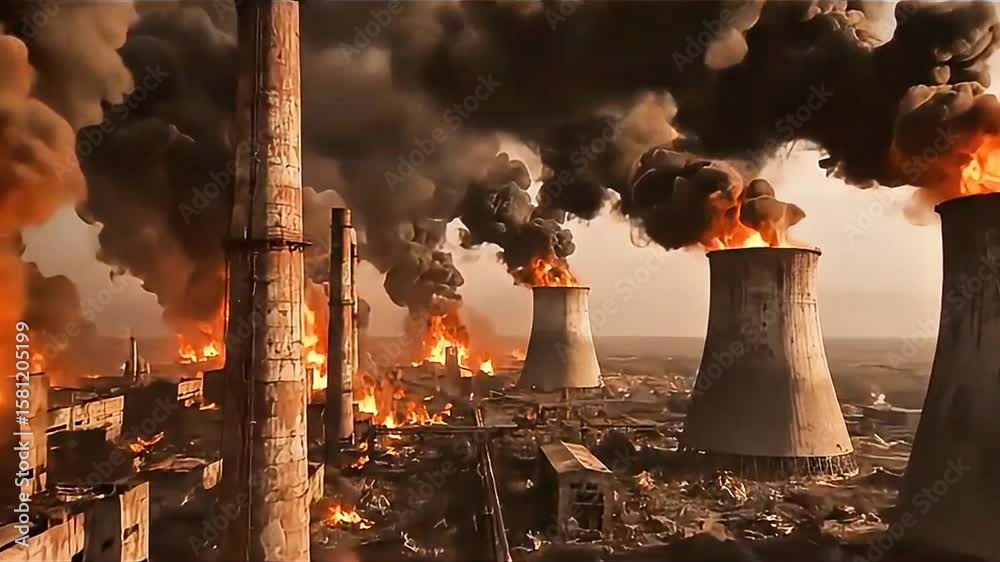 Industrial factory disaster with massive fires and thick smoke billows from cooling towers