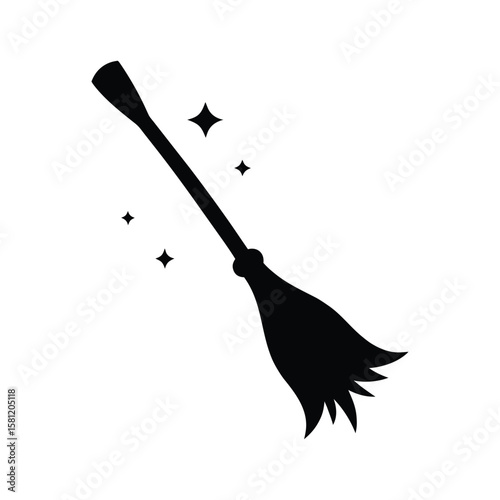 Broomstick sparkling through the night Halloween silhouette Vector illustration