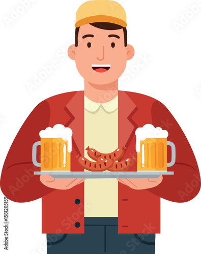 Man holding tray with two mugs of beer and grilled sausages vector illustration in flat style casual clothing
