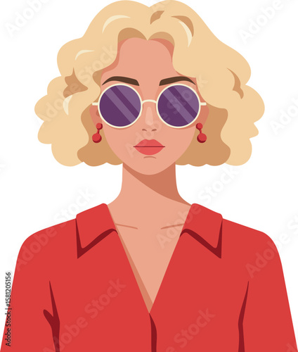 Woman with blonde curly hair wearing red blouse and round sunglasses stylish vector portrait illustration