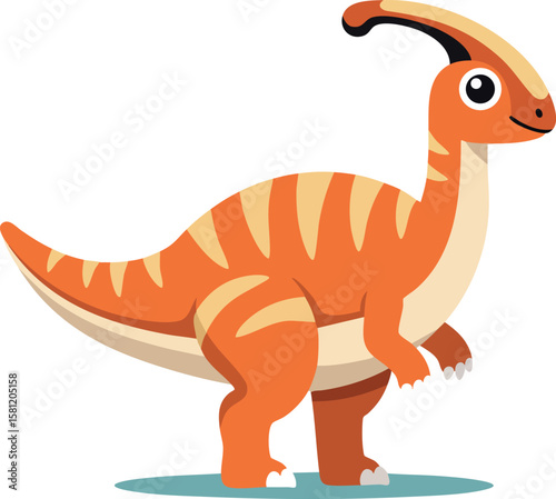 Parasaurolophus dinosaur cartoon vector art with orange stripes and smiling face isolated on white background