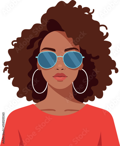 Woman with curly hair wearing blue sunglasses and red top vector portrait illustration