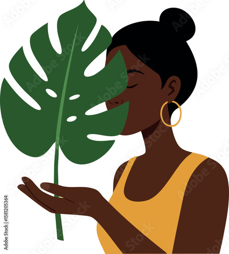 Woman holding green monstera leaf with closed eyes and gold hoop earrings in yellow top vector illustration