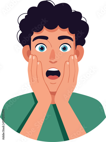 Surprised young man cartoon character with curly hair and blue eyes in green shirt vector illustration