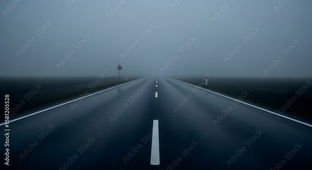 Fototapeta premium Eerie road disappears into the dense fog captivating atmosphere conveying loneliness and mystery