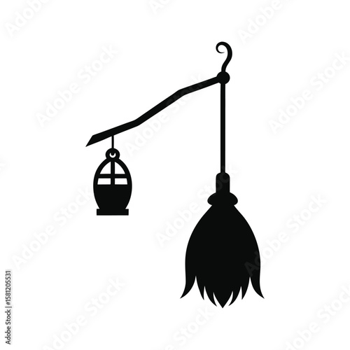 Classic witch broom flying in moonlight Halloween silhouette Vector illustration