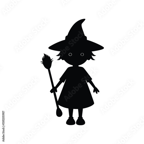 Child dressed as witch on Halloween night Halloween silhouette Vector illustration