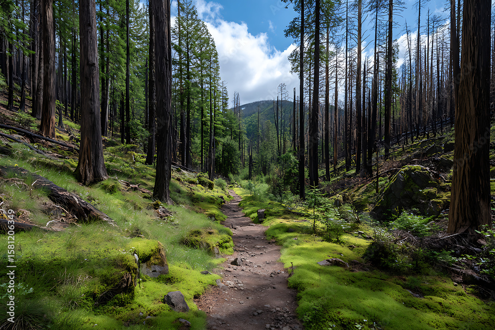 Obraz premium Sun Dappled Trail Winding Through Post Fire Forest Lush Green Moss Covered Ground Tall Dark Trees Rocky Path