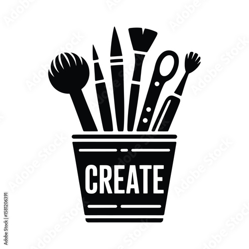 Black art supplies in a cup with the word create vector
