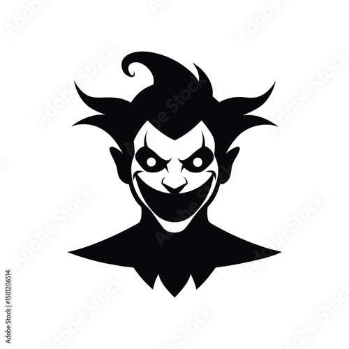 Evil clown face silhouette with wild grin Halloween silhouette Vector illustration