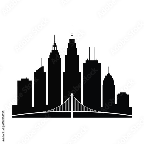 Black silhouette of a city skyline with a suspension bridge buildings skyscrapers