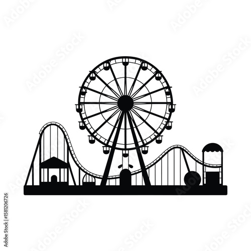 Black silhouette of amusement park rides including a Ferris wheel and roller coaster