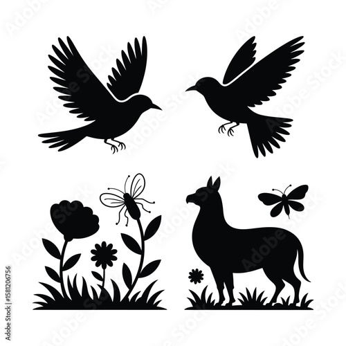 Black silhouettes of birds butterfly insect and llama in nature flying wings