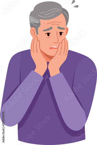 Worried elderly man with gray hair wearing purple sweater anxious facial expression vector illustration