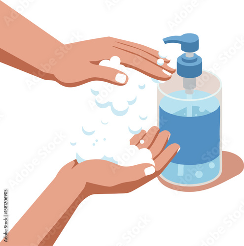 Hand washing with soap dispenser hygiene cleanliness prevention health care daily routine vector illustration