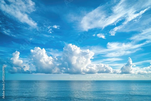 Fototapeta Naklejka Na Ścianę i Meble -  Wide ocean expanse, vibrant blue sky with fluffy clouds