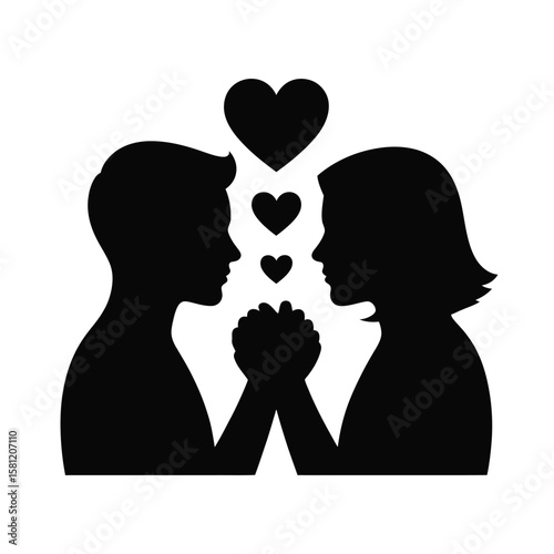 Couple holding hands with hearts above love