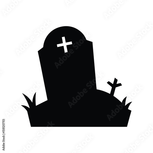 Crooked gravestone surrounded by weeds Halloween silhouette Vector illustration