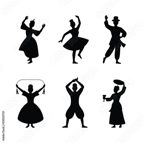 Diverse figures dancing and performing various actions silhouette people