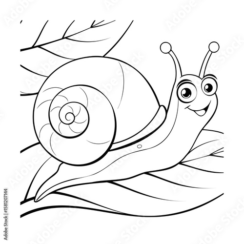 Smiling cartoon snail on leaves line art for coloring book animal handdrawn