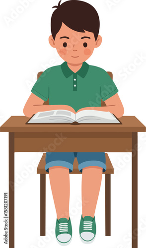 Boy sitting at wooden desk reading book focused on study education learning vector illustration
