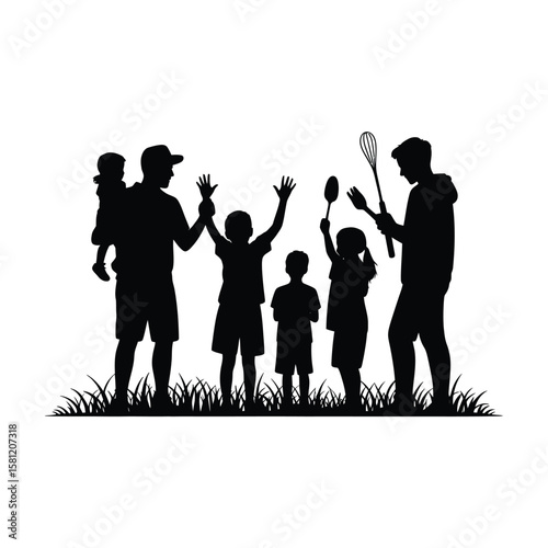 Family gathering outdoors with kitchen utensils children adults