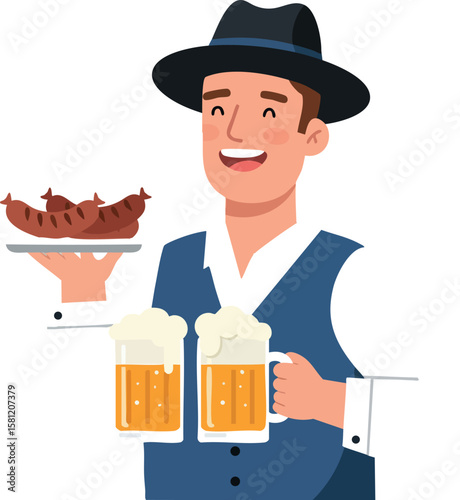 Man in traditional hat holding sausages and two mugs of beer celebrating Oktoberfest festival fun and joy
