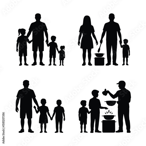 Family silhouettes engaged in various activities people children