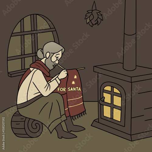 Elderly woman knitting gift for Santa by warm fireplace
