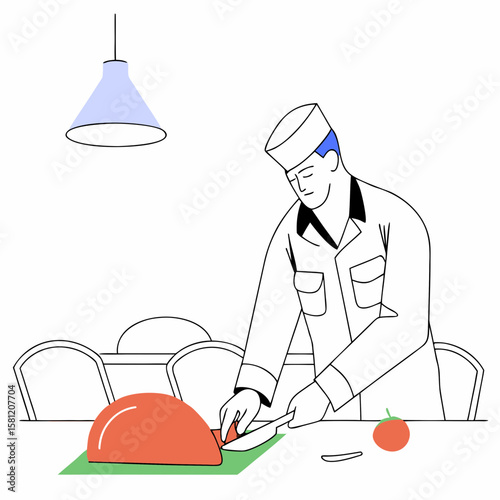 Chef slicing meat on kitchen counter under hanging lamp