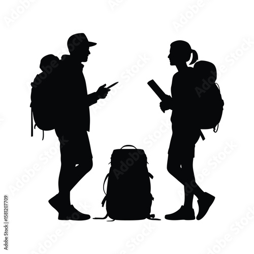 Hikers consulting map and phone with backpacks people