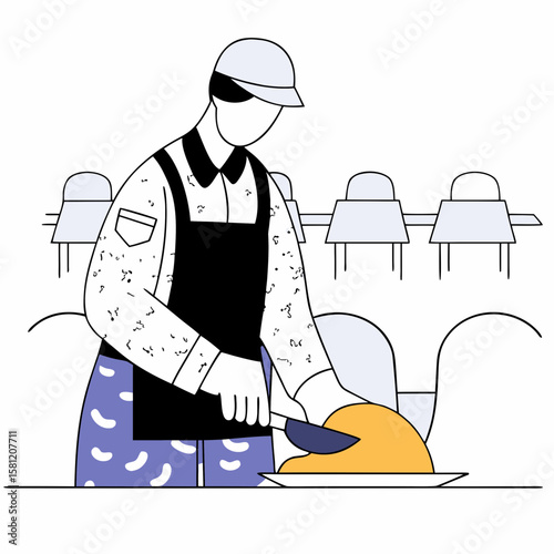 Cook carving roasted turkey in cafeteria kitchen