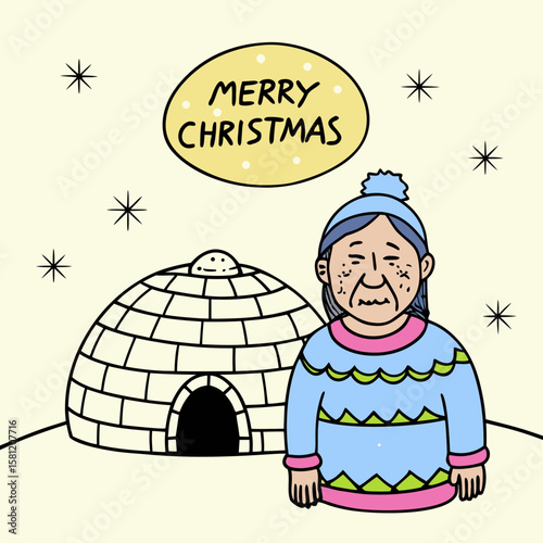 Elderly woman in Christmas sweater near igloo with festive greeting