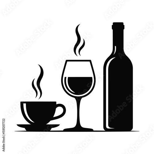 Hot coffee cup wine glass and bottle saucer steam