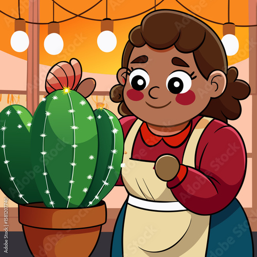 Smiling woman admiring cactus in pot at evening market