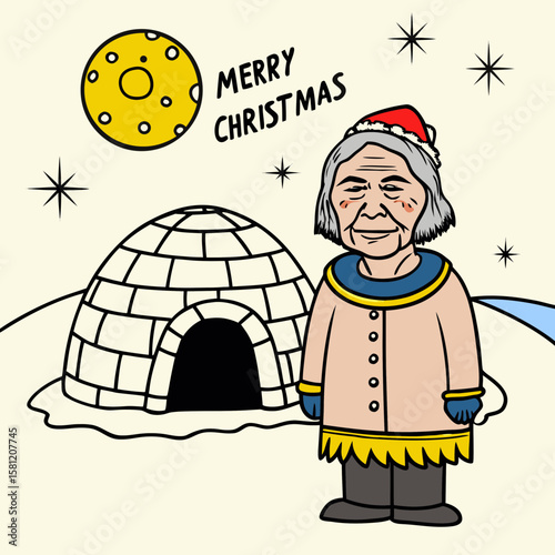 Elderly woman in winter clothes by igloo with Merry Christmas sign