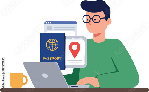 Man using laptop with travel passport and location pin searching for trip planning and booking ideas technology vector