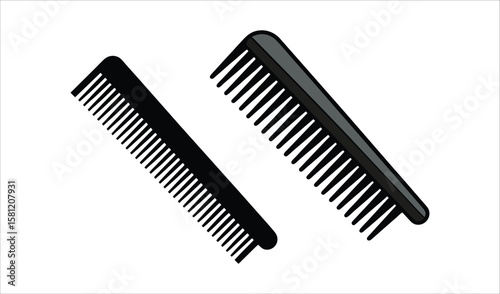 Two black plastic hair combs with fine teeth isolated on a white background