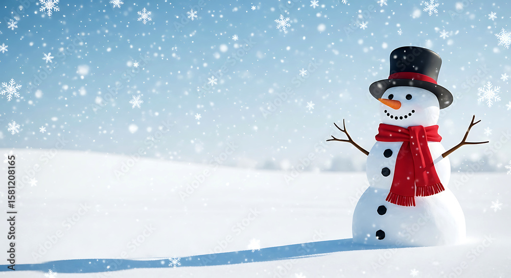 Fototapeta premium Snowman with Top Hat and Scarf in a Snowy Field, Winter Scene with Falling Snowflakes, Copy Space.